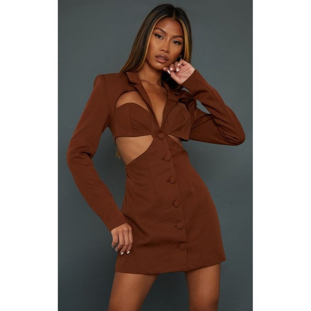 Prettylittlething Chocolate Shoulder Pad Cut Out Detail Button Down Blazer Dress